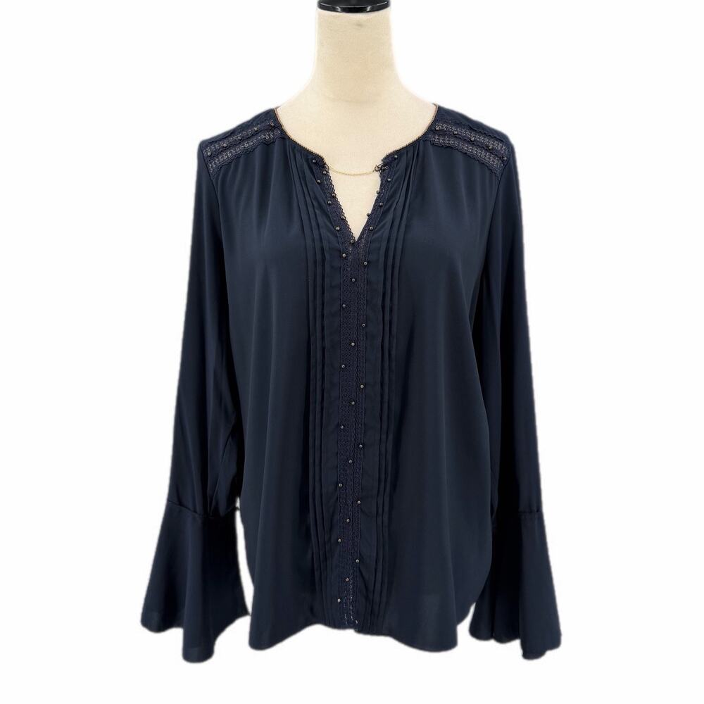 Tahari Navy Gold Beaded Lace Pleated Boho Prairiecore Workwear Office Blouse